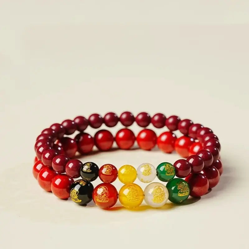 Natural Cinnabar Five Gods of Wealth Bracelet | 4 Sizes, Five Elements Agate, Spiritual Protection & Fortune Attracting