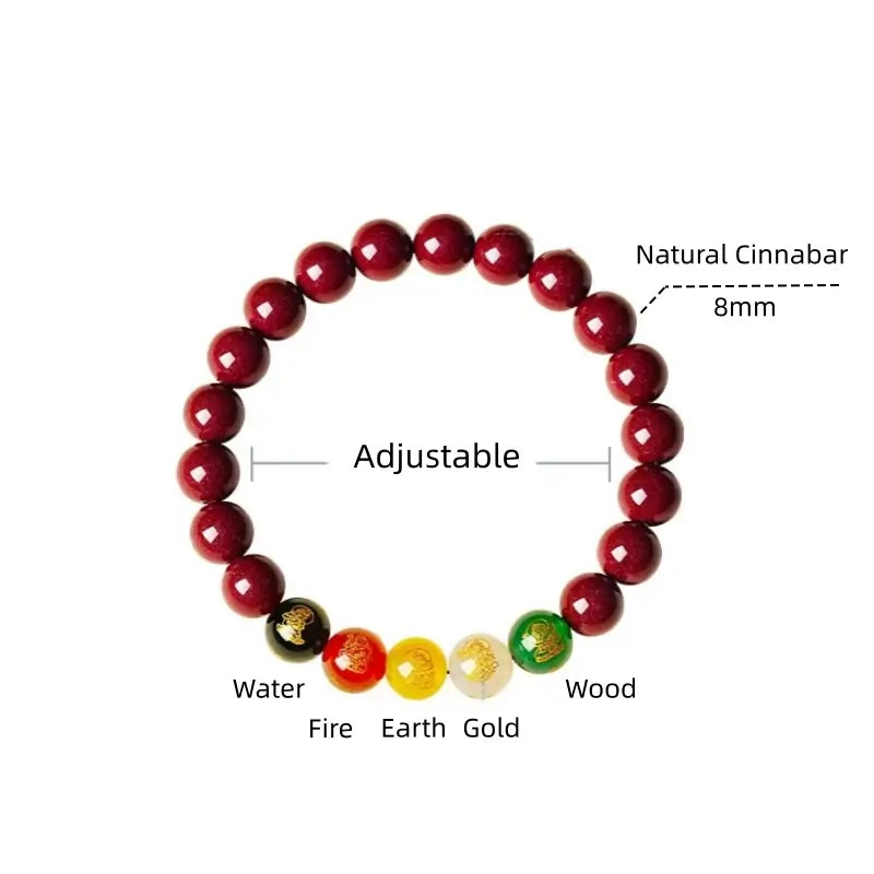 Natural Cinnabar Five Gods of Wealth Bracelet | 4 Sizes, Five Elements Agate, Spiritual Protection & Fortune Attracting
