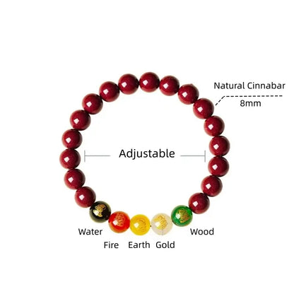 Natural Cinnabar Five Gods of Wealth Bracelet | 4 Sizes, Five Elements Agate, Spiritual Protection & Fortune Attracting