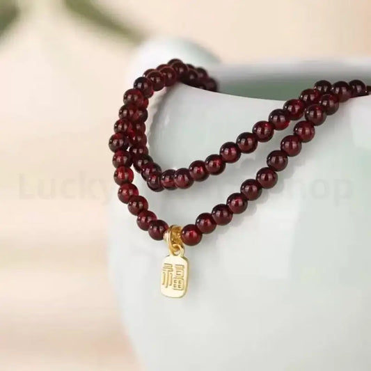 Natural Garnet Luck-Turning Bead & Fortune Charm Three-strand Wrap Bracelet-LuckyCharms.Shop