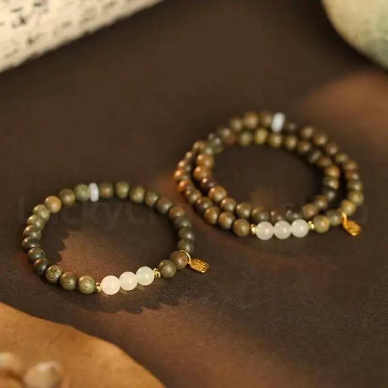 Fortune Pendant Hetian Jade Bead Green Sandalwood Beaded Bracelet-LuckyCharms.Shop