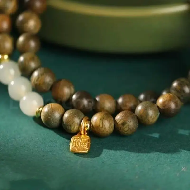 Fortune Pendant Hetian Jade Bead Green Sandalwood Beaded Bracelet-LuckyCharms.Shop