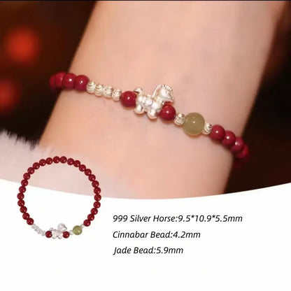 Horse Treading on Good Fortune Natural Cinnabar 999 Fine Silver Horse Red Bracelet & Beaded Bracelet Set-LuckyCharms.Shop
