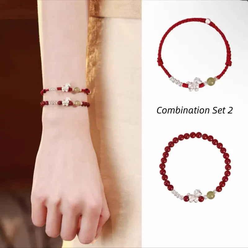 Horse Treading on Good Fortune Natural Cinnabar 999 Fine Silver Horse Red Bracelet & Beaded Bracelet Set-LuckyCharms.Shop