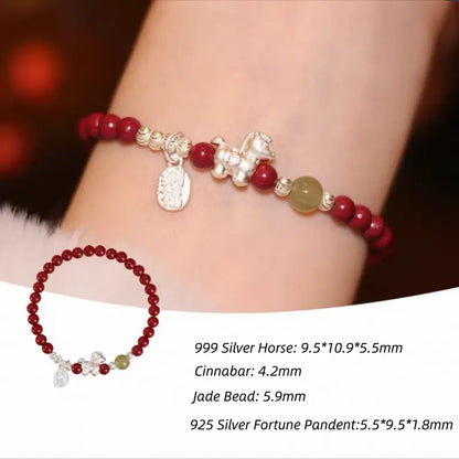Horse Treading on Good Fortune Natural Cinnabar 999 Fine Silver Horse Red Bracelet & Beaded Bracelet Set-LuckyCharms.Shop