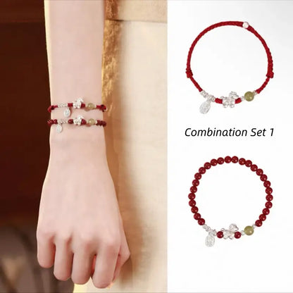Horse Treading on Good Fortune Natural Cinnabar 999 Fine Silver Horse Red Bracelet & Beaded Bracelet Set-LuckyCharms.Shop
