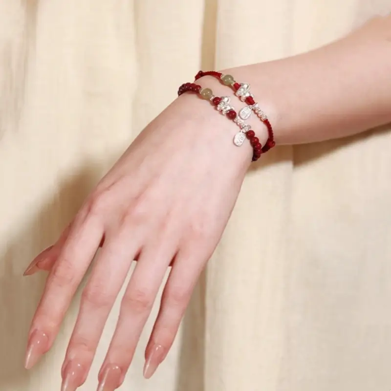 Horse Treading on Good Fortune Natural Cinnabar 999 Fine Silver Horse Red Bracelet & Beaded Bracelet Set-LuckyCharms.Shop