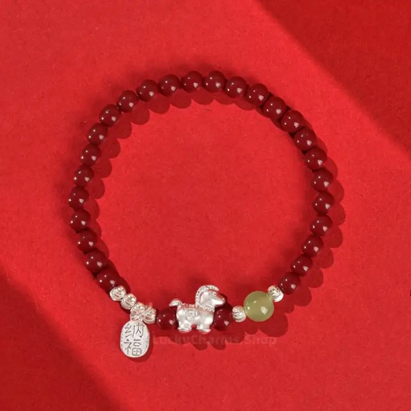 Horse Treading on Good Fortune Natural Cinnabar 999 Fine Silver Horse Red Bracelet & Beaded Bracelet Set-LuckyCharms.Shop