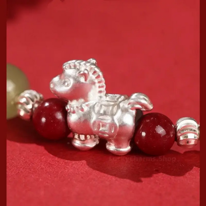 Horse Treading on Good Fortune Natural Cinnabar 999 Fine Silver Horse Red Bracelet & Beaded Bracelet Set-LuckyCharms.Shop