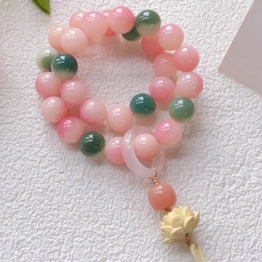Pink White Jade Bodhi Lotus Pendant Prayer Beads | Pink & Green Contrast Handheld Mala for Stress Relief-LuckyCharms.Shop