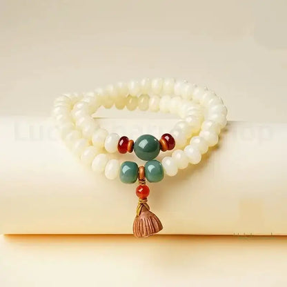 White Jade Bodhi Lotus Seedpod Double-strand Hand String for Wisdom Luck Protection-LuckyCharms.Shop