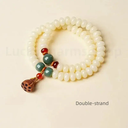 White Jade Bodhi Lotus Seedpod Double-strand Hand String for Wisdom Luck Protection-LuckyCharms.Shop