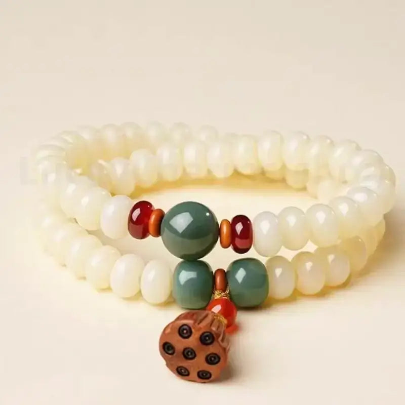 White Jade Bodhi Lotus Seedpod Double-strand Hand String for Wisdom Luck Protection-LuckyCharms.Shop