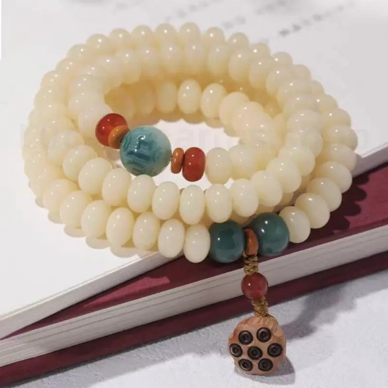 White Jade Bodhi Lotus Seedpod Double-strand Hand String for Wisdom Luck Protection-LuckyCharms.Shop
