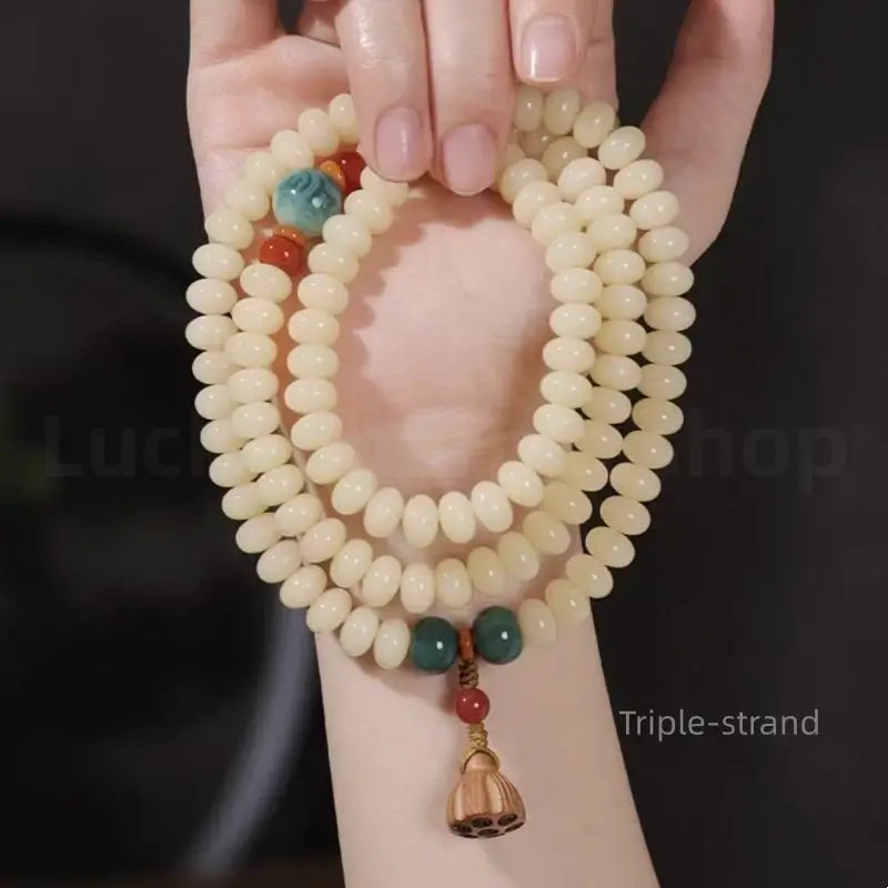 White Jade Bodhi Lotus Seedpod Double-strand Hand String for Wisdom Luck Protection-LuckyCharms.Shop