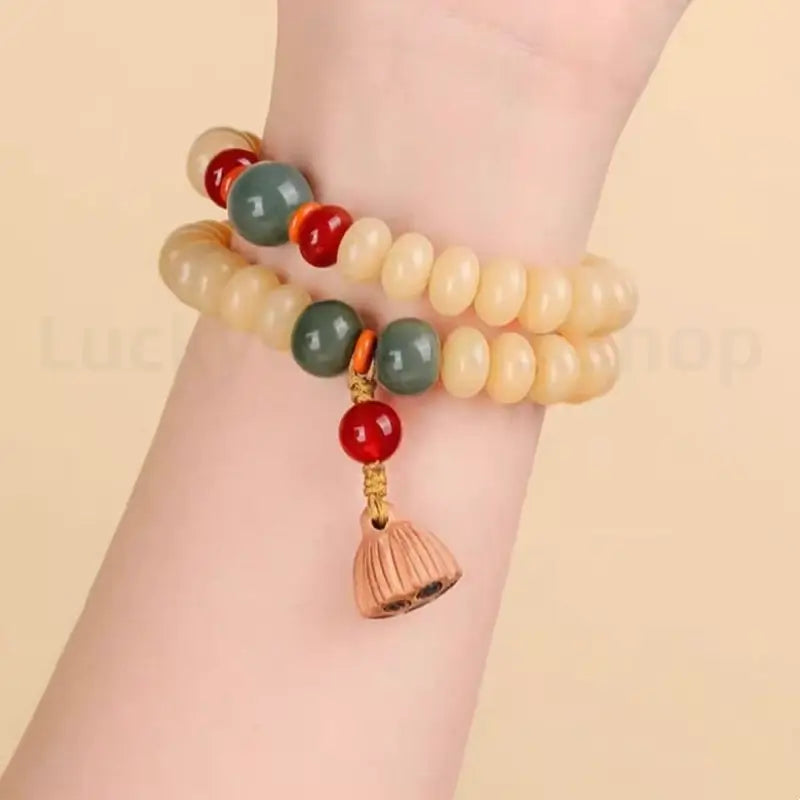 White Jade Bodhi Lotus Seedpod Double-strand Hand String for Wisdom Luck Protection-LuckyCharms.Shop