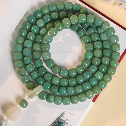 Natural Green White Jade Bodhi 108-Bead Bracelet | Lotus Pendant Mala for Daily Wear & Meditation-LuckyCharms.Shop