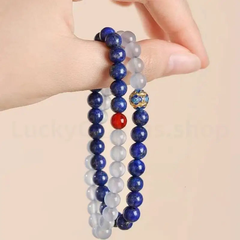 Natural Lapis Lazuli Aquamarine Beaded Bracelet for Success Wisdom Luck -LuckyCharms.Shop