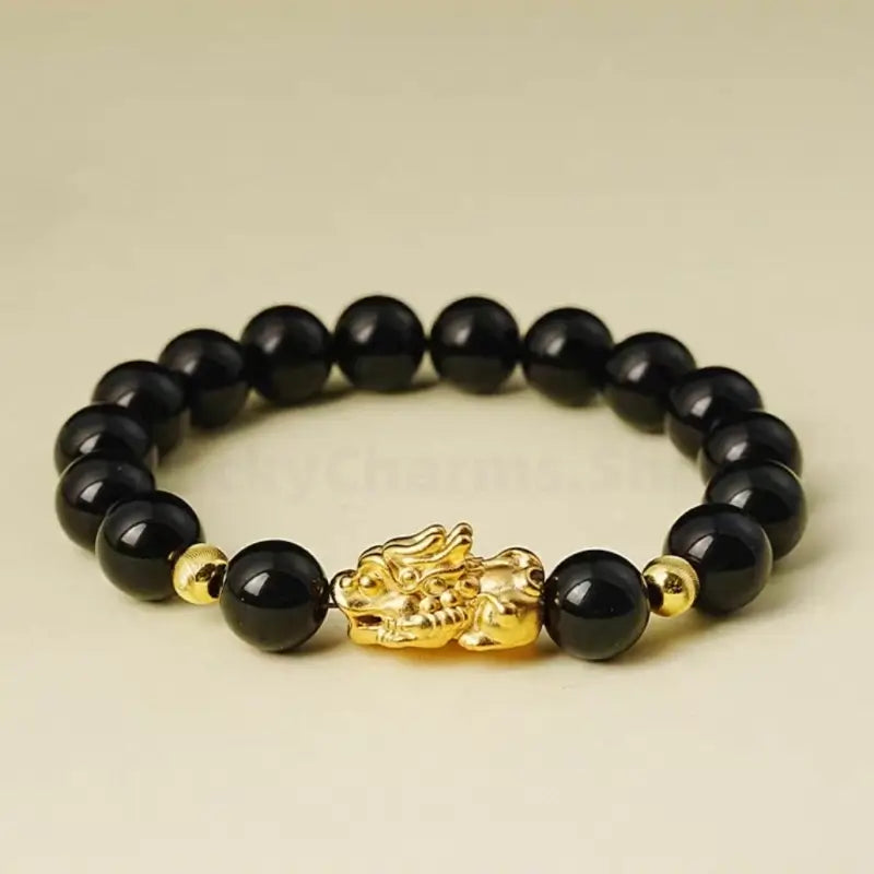 Natural Obsidian Gold-Plated PIXIU Luck-Turning Wealth-Attracting Men's Beaded Bracelet-LuckyCharms.Shop