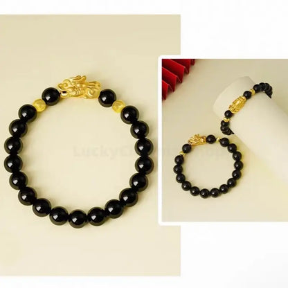Natural Obsidian Gold-Plated PIXIU Luck-Turning Wealth-Attracting Men's Beaded Bracelet-LuckyCharms.Shop