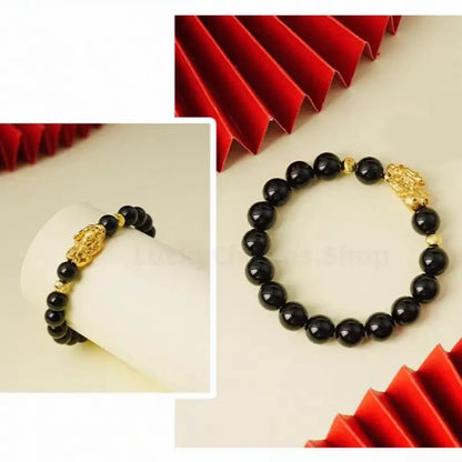Natural Obsidian Gold-Plated PIXIU Luck-Turning Wealth-Attracting Men's Beaded Bracelet-LuckyCharms.Shop