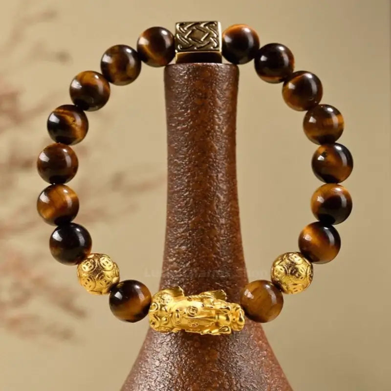 Putuo Mountain Blessed Yellow Tiger's Eye Bracelet | Gold-Plated Pixiu, Lucky Coin Beads, Elastic Design-LuckyCharms.Shop