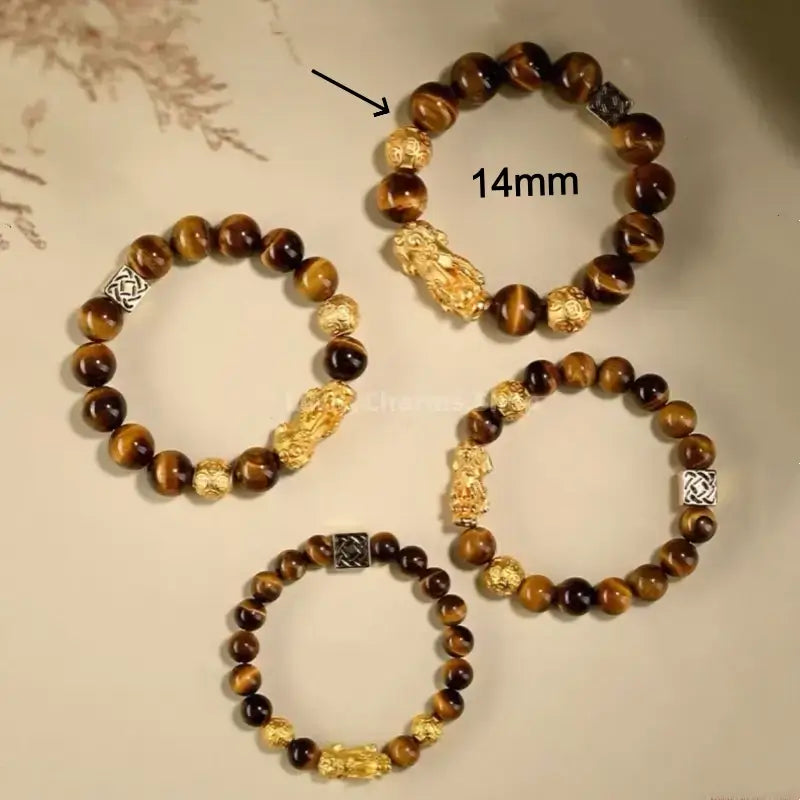 Putuo Mountain Blessed Yellow Tiger's Eye Bracelet | Gold-Plated Pixiu, Lucky Coin Beads, Elastic Design-LuckyCharms.Shop