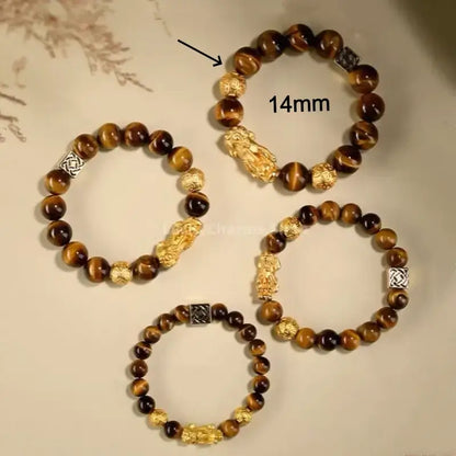 Putuo Mountain Blessed Yellow Tiger's Eye Bracelet | Gold-Plated Pixiu, Lucky Coin Beads, Elastic Design-LuckyCharms.Shop