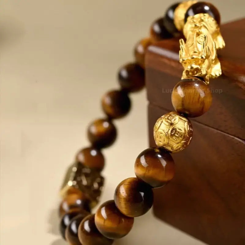 Putuo Mountain Blessed Yellow Tiger's Eye Bracelet | Gold-Plated Pixiu, Lucky Coin Beads, Elastic Design-LuckyCharms.Shop