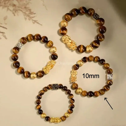 Putuo Mountain Blessed Yellow Tiger's Eye Bracelet | Gold-Plated Pixiu, Lucky Coin Beads, Elastic Design-LuckyCharms.Shop