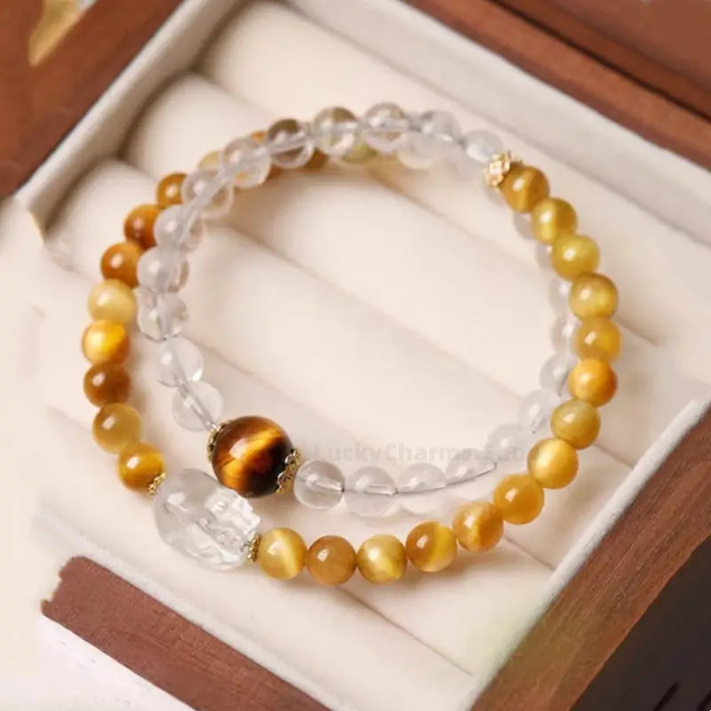White Crystal Pixiu Yellow Tiger's Eye Double-Layer Bracelet | Women's Wealth-Attracting Elastic Jewelry-LuckyCharms.Shop