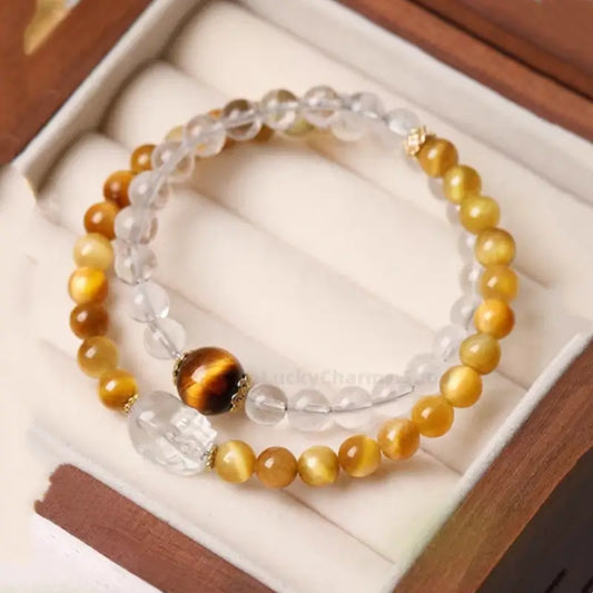 White Crystal Pixiu Yellow Tiger's Eye Double-Layer Bracelet | Women's Wealth-Attracting Elastic Jewelry-LuckyCharms.Shop