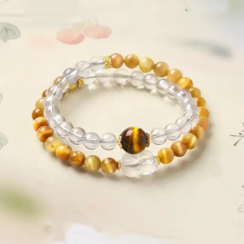 White Crystal Pixiu Yellow Tiger's Eye Double-Layer Bracelet | Women's Wealth-Attracting Elastic Jewelry-LuckyCharms.Shop