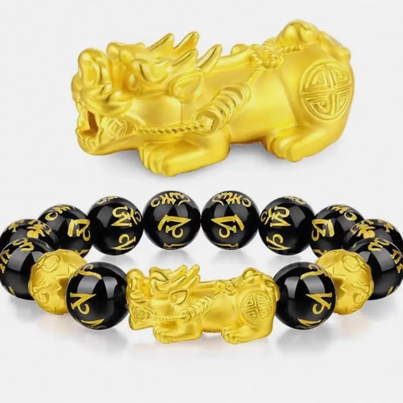 Natural Obsidian Gold-Plated Pixiu Six-Syllable Mantra Beads Bracelet-LuckyCharms.Shop