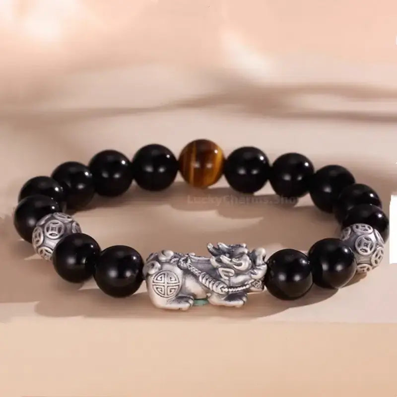 925 Silver Pixiu Coin Bead Couple Bracelets | Natural Obsidian, Sunstone & Tiger's Eye, Elastic Design-LuckyCharms.Shop
