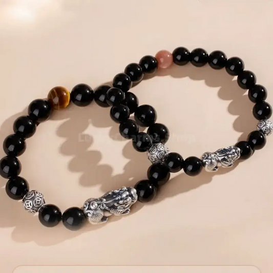 925 Silver Pixiu Coin Bead Couple Bracelets | Natural Obsidian, Sunstone & Tiger's Eye, Elastic Design-LuckyCharms.Shop