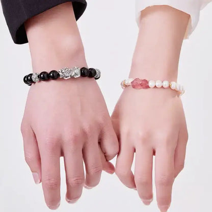 999 Silver Strawberry Quartz Pixiu Couple Bracelets | Obsidian, Pearl & Lucky Coin Beads, Elastic Design-LuckyCharms.Shop