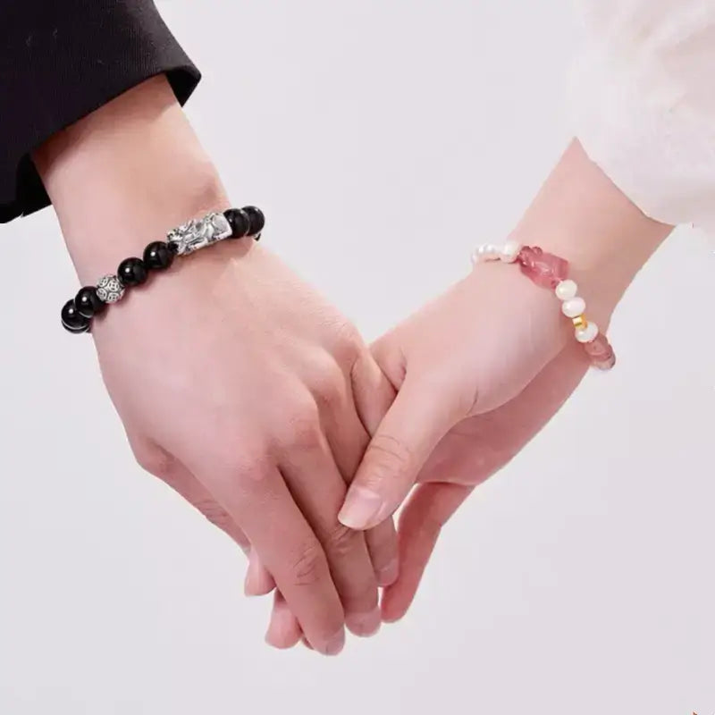 999 Silver Strawberry Quartz Pixiu Couple Bracelets | Obsidian, Pearl & Lucky Coin Beads, Elastic Design-LuckyCharms.Shop