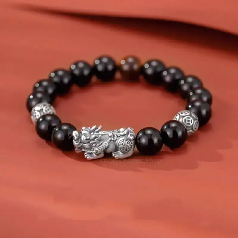 999 Silver Strawberry Quartz Pixiu Couple Bracelets | Obsidian, Pearl & Lucky Coin Beads, Elastic Design-LuckyCharms.Shop