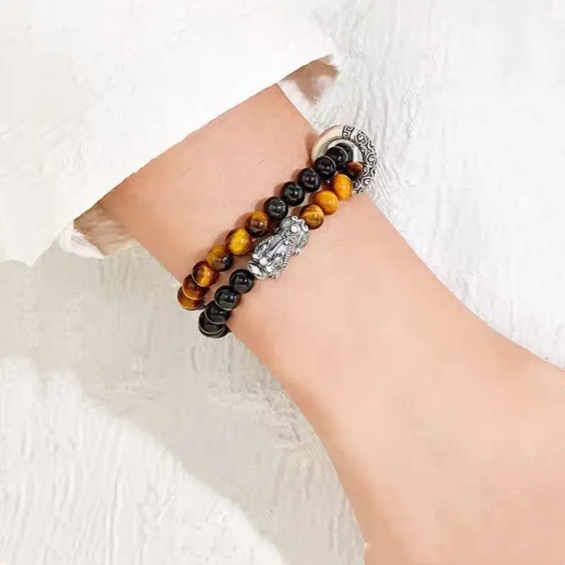 999 Fine Silver Pixiu Peace Buckle Double-Layer Bracelet | Obsidian, Tiger's Eye, Elastic Fit for Men-LuckyCharms.Shop