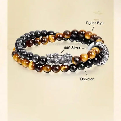 999 Fine Silver Pixiu Peace Buckle Double-Layer Bracelet | Obsidian, Tiger's Eye, Elastic Fit for Men-LuckyCharms.Shop