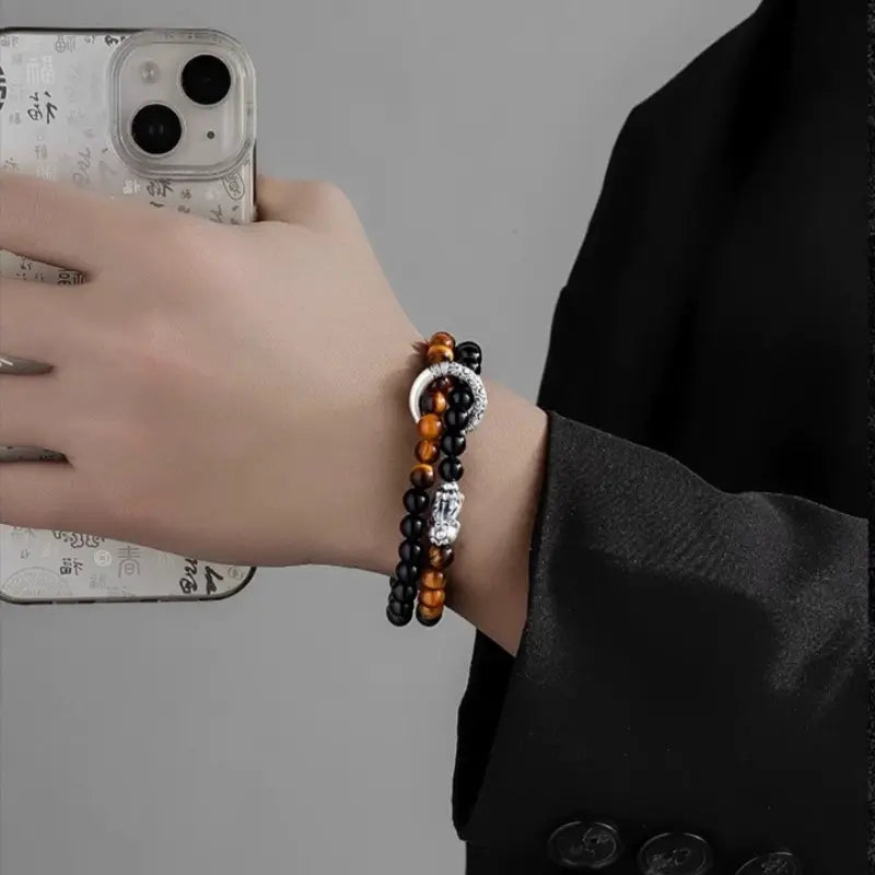 999 Fine Silver Pixiu Peace Buckle Double-Layer Bracelet | Obsidian, Tiger's Eye, Elastic Fit for Men-LuckyCharms.Shop