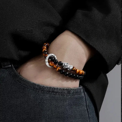 999 Fine Silver Pixiu Peace Buckle Double-Layer Bracelet | Obsidian, Tiger's Eye, Elastic Fit for Men-LuckyCharms.Shop
