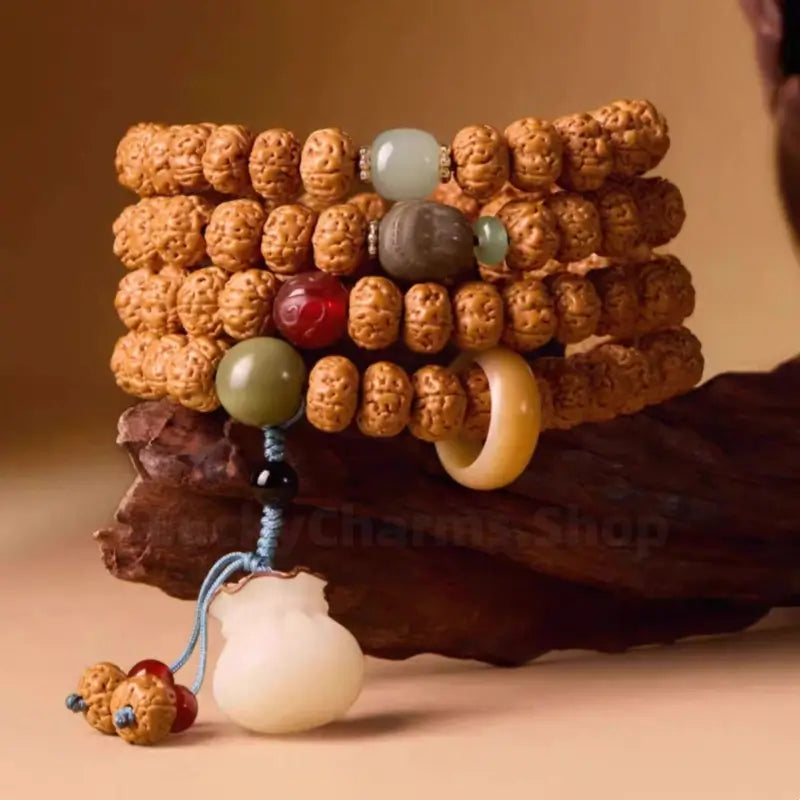 Natural Rudraksha 108-Bead Blessing Bracelet with White Jade Lotus & Money Bag Charms-LuckyCharms.Shop