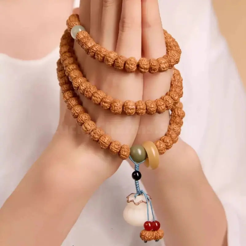 Natural Rudraksha 108-Bead Blessing Bracelet with White Jade Lotus & Money Bag Charms-LuckyCharms.Shop