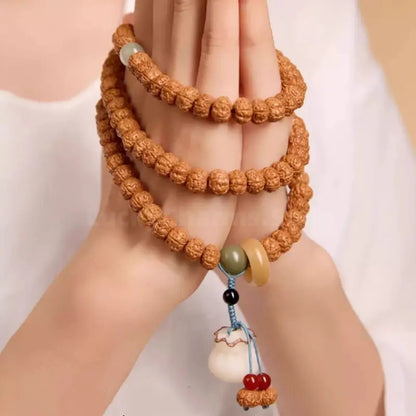 Natural Rudraksha 108-Bead Blessing Bracelet with White Jade Lotus & Money Bag Charms-LuckyCharms.Shop