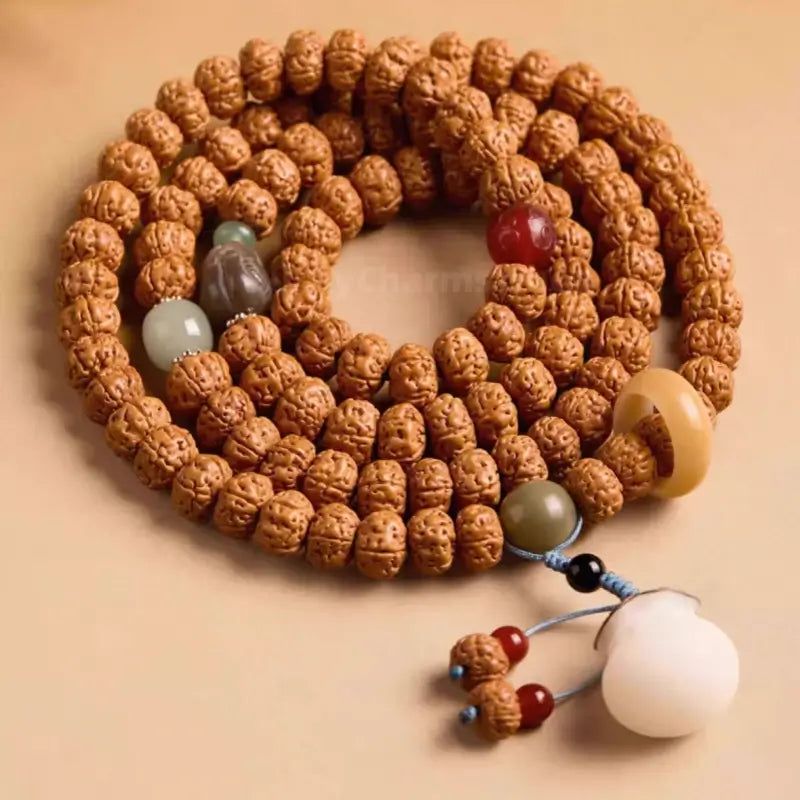 Natural Rudraksha 108-Bead Blessing Bracelet with White Jade Lotus & Money Bag Charms-LuckyCharms.Shop