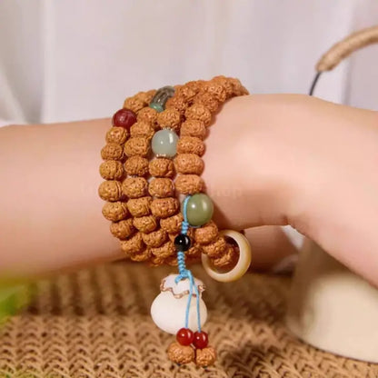 Natural Rudraksha 108-Bead Blessing Bracelet with White Jade Lotus & Money Bag Charms-LuckyCharms.Shop