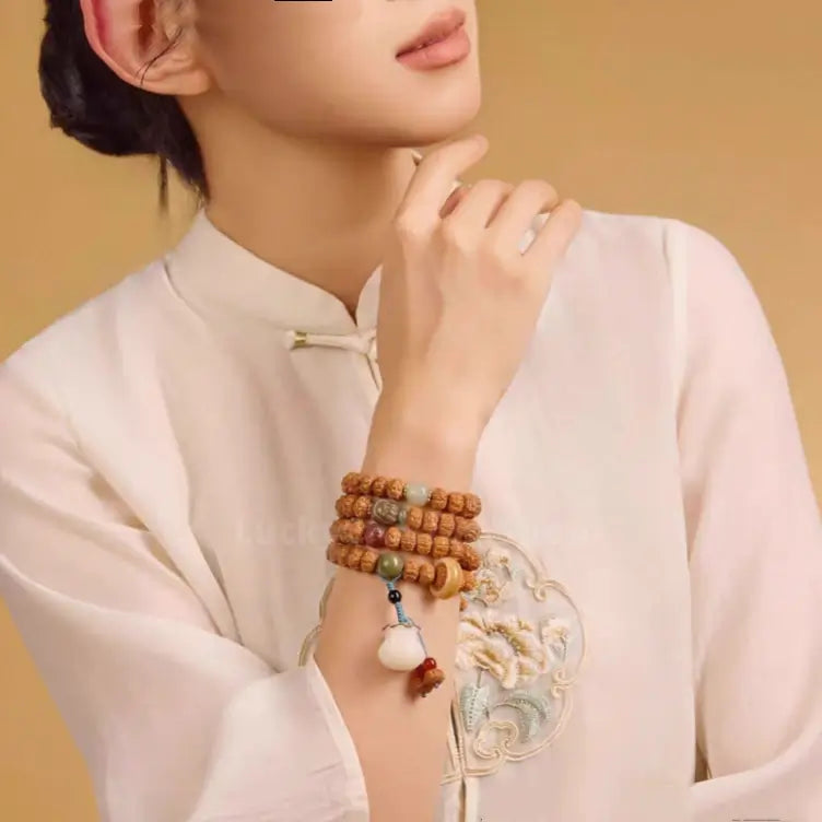 Natural Rudraksha 108-Bead Blessing Bracelet with White Jade Lotus & Money Bag Charms-LuckyCharms.Shop