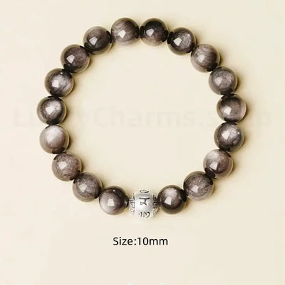 Natural Silver Obsidian Six-Syllable Mantra Silver Bead Lucky Men's Bracelet-LuckyCharms.Shop